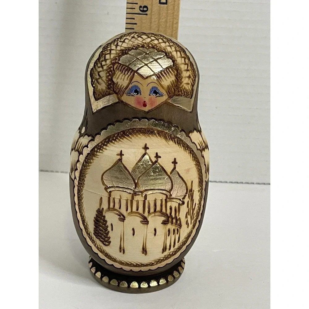 Russian Matryoshka Nesting Dolls Natural Wood Burned Gold Accents 5 dolls 5.5